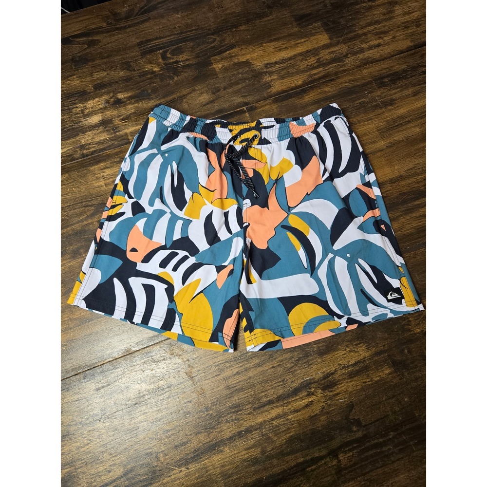 Quiksilver Mens XXL Tropical Leaf‎ Print Swim Trunks Blue Orange Board Shorts